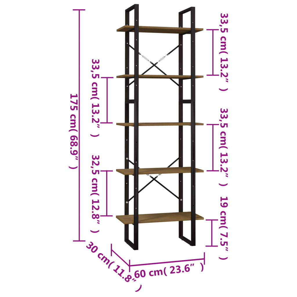 Βιβλιοθήκη με 5 Ράφια Καφέ 60 x 30 x 175 εκ. από Ξύλο Πεύκου - Pakobazaar