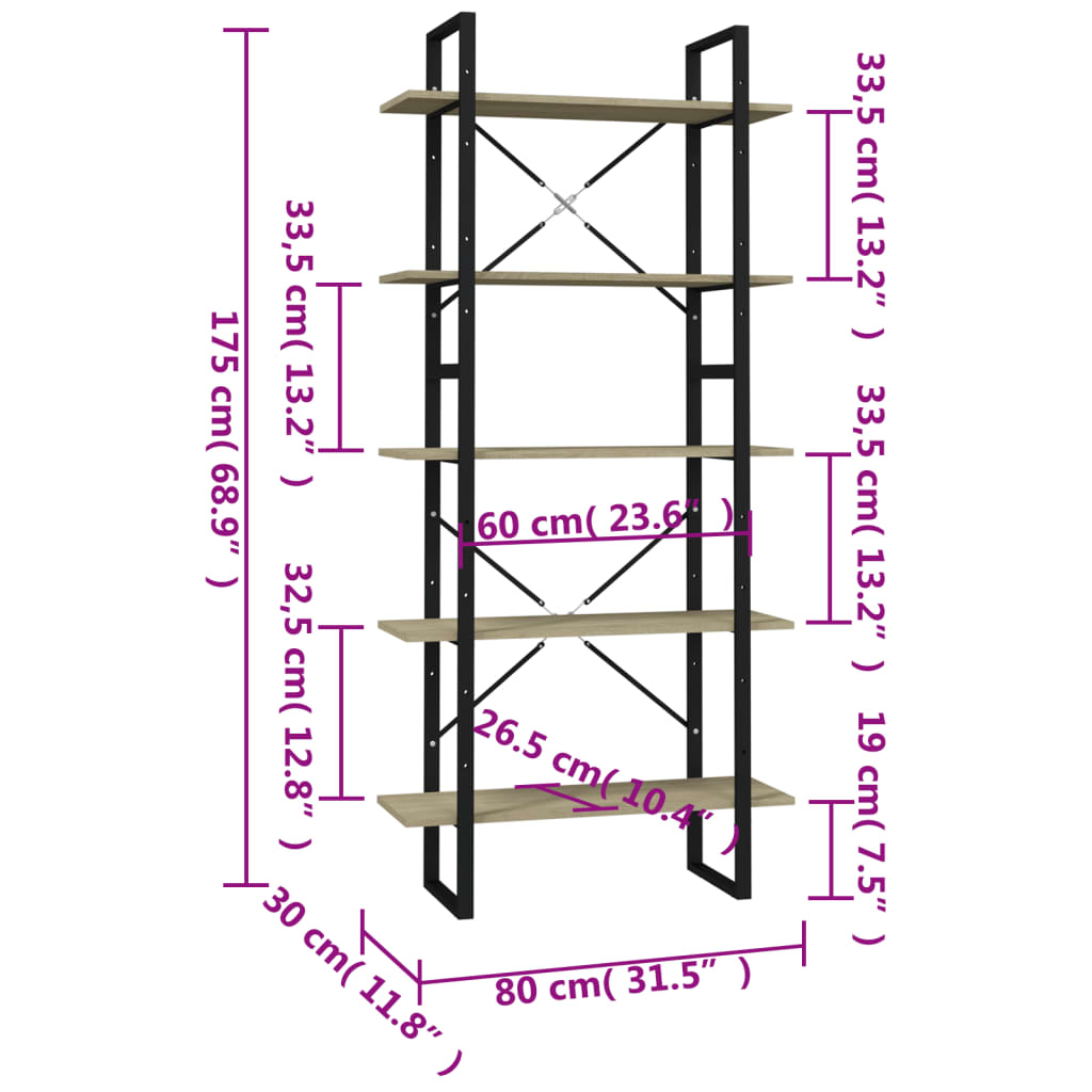 Βιβλιοθήκη με 5 Ράφια Sonoma Δρυς 80 x 30 x 175 εκ. Επεξ. Ξύλο - Pakobazaar