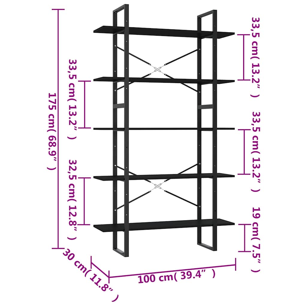 Βιβλιοθήκη με 5 Ράφια Μαύρη 100 x 30 x 175 εκ. από Επεξ. Ξύλο