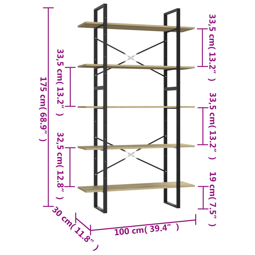 Βιβλιοθήκη με 5 Ράφια Sonoma Δρυς 100 x 30 x 175 εκ. Επεξ. Ξύλο - Pakobazaar