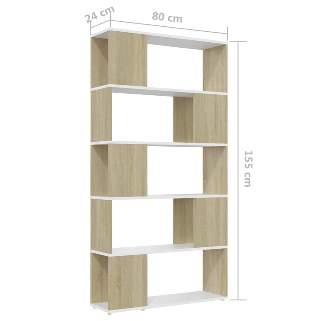 Βιβλιοθήκη/Διαχωρισ. Λευκό/Sonoma Δρυς 80x24x155εκ. Μοριοσανίδα