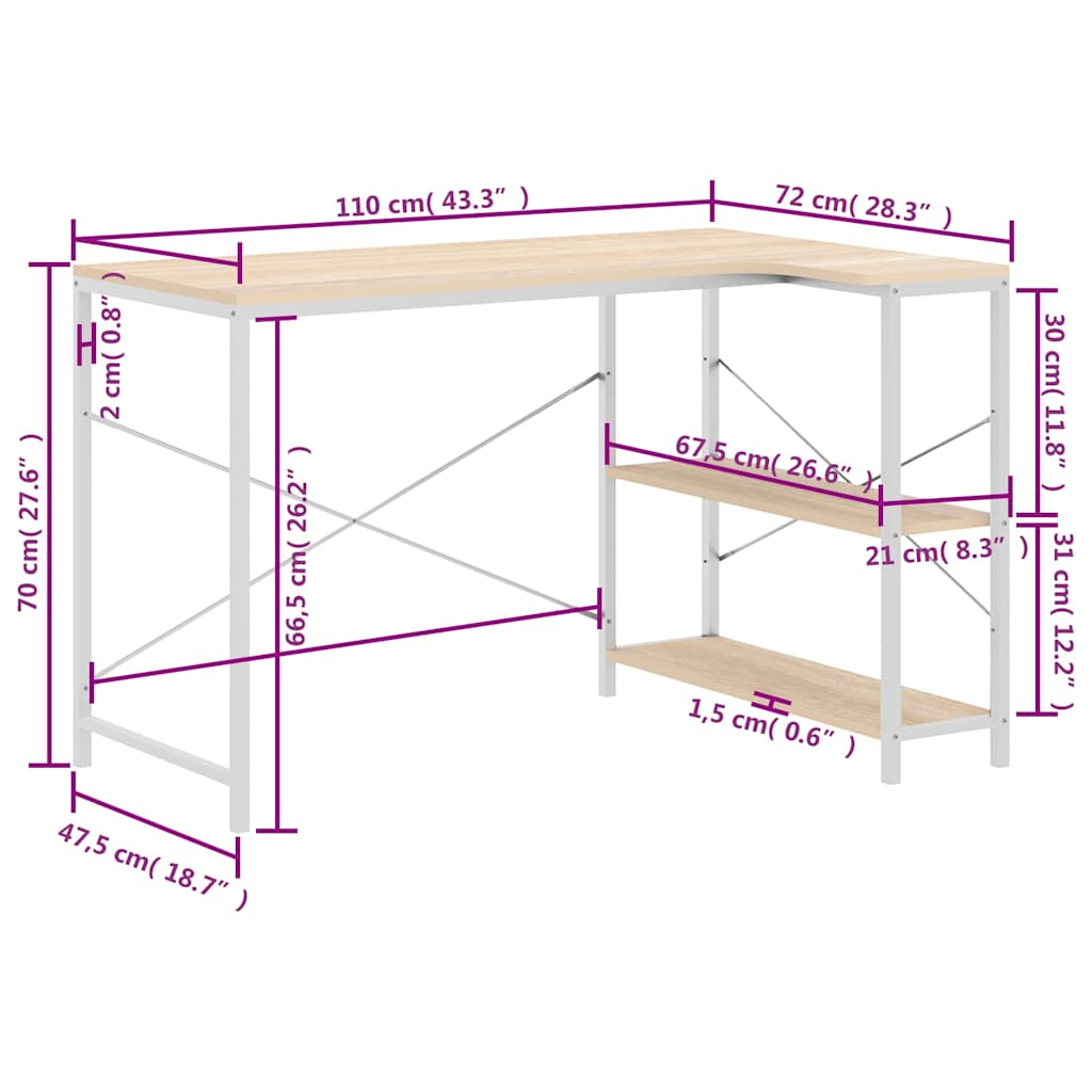 Γραφείο Υπολογιστή Λευκό/Δρυς 110 x 72 x 70 εκ. Επεξ. Ξύλο