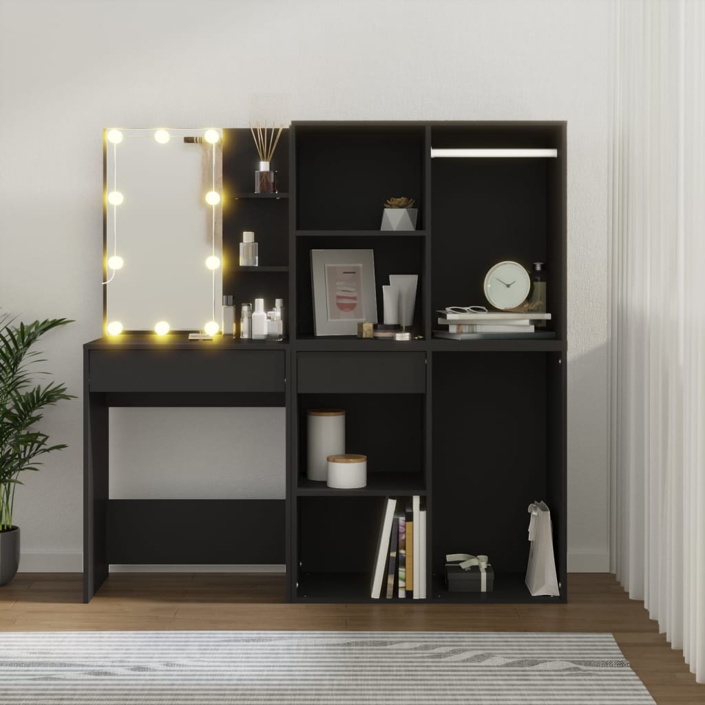 Μπουντουάρ με LED & Ντουλάπια Μαύρο από Επεξεργασμένο Ξύλο - PAKOBAZAAR