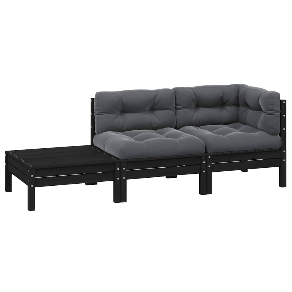 Σαλόνι Κήπου Σετ 3 Τεμ. Μαύρο Μασίφ Ξύλο Πεύκου με Μαξιλάρια - Pakobazaar