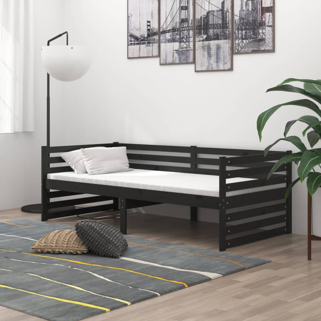Καναπές Κρεβάτι με Στρώμα 90 x 200 εκ. Μαύρο Μασίφ Ξύλο Πεύκου - Pakobazaar