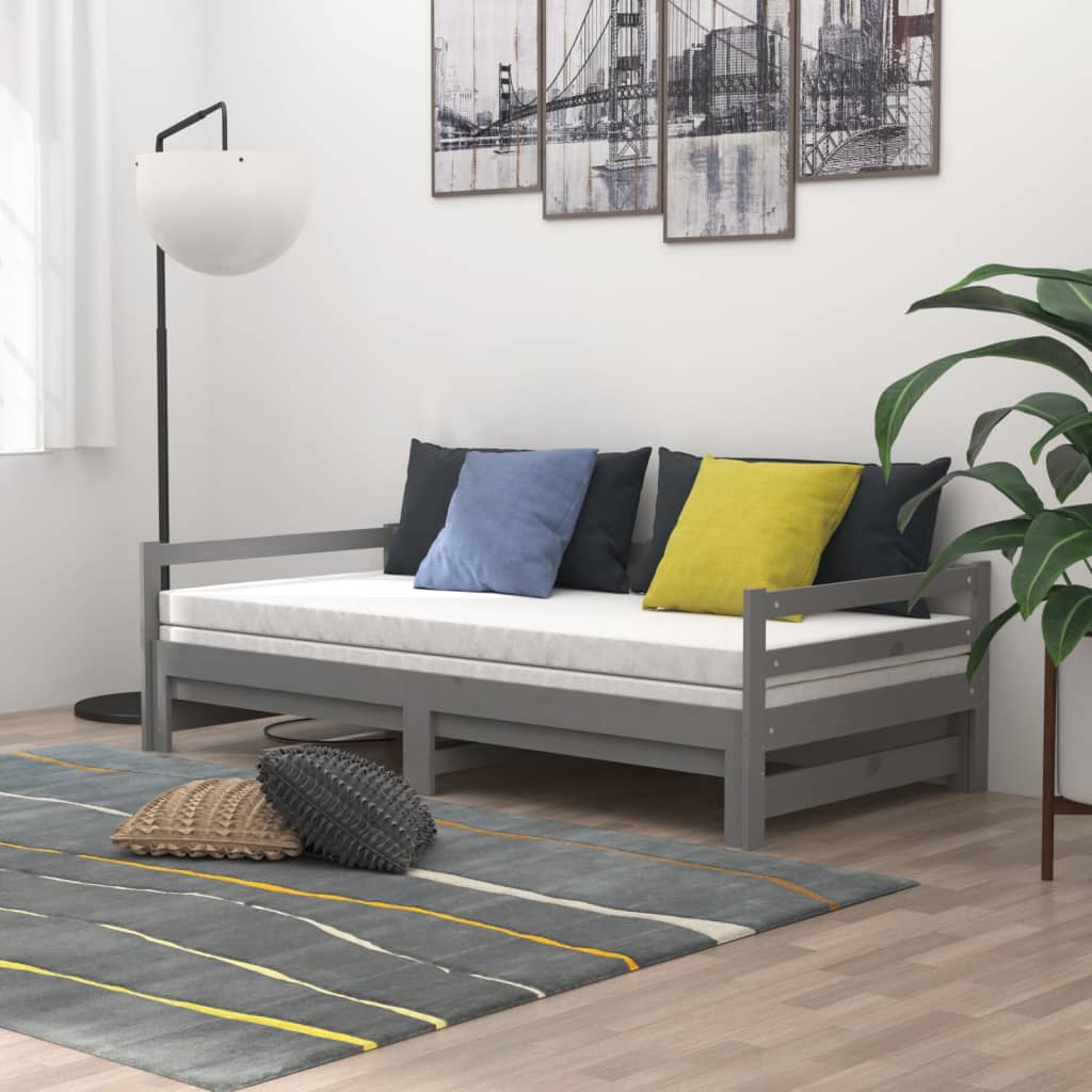Καναπές Κρεβάτι Συρόμενος Γκρι 2x(90x200) εκ. Μασίφ Ξύλο Πεύκου