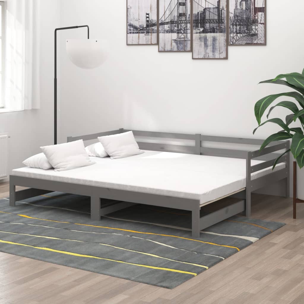 Καναπές Κρεβάτι Συρόμενος Γκρι 2x(90x200) εκ. Μασίφ Ξύλο Πεύκου