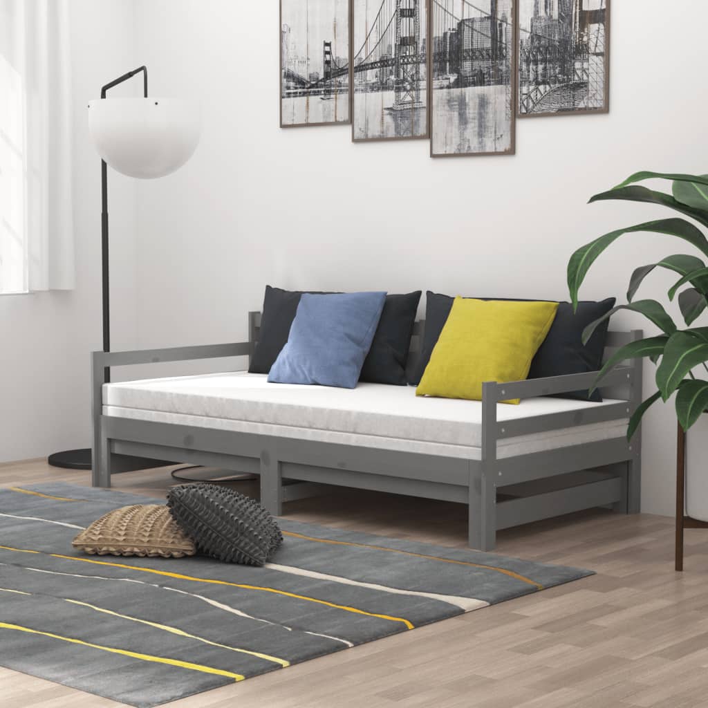 Καναπές Κρεβάτι Συρόμενος Γκρι 2x(90x200) εκ. Μασίφ Ξύλο Πεύκου - PAKOBAZAAR