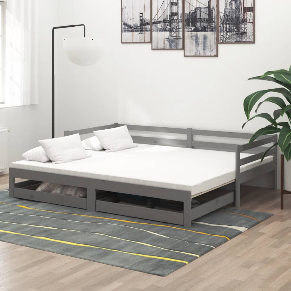 Καναπές Κρεβάτι Συρόμενος Γκρι 2x(90x200) εκ. Μασίφ Ξύλο Πεύκου