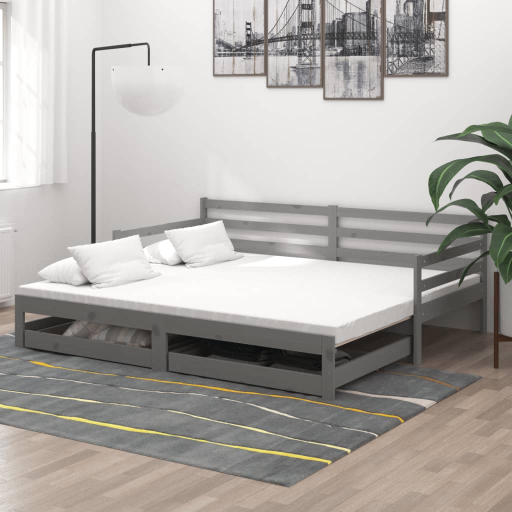 Καναπές Κρεβάτι Συρόμενος Γκρι 2x(90x200) εκ. Μασίφ Ξύλο Πεύκου - Pakobazaar