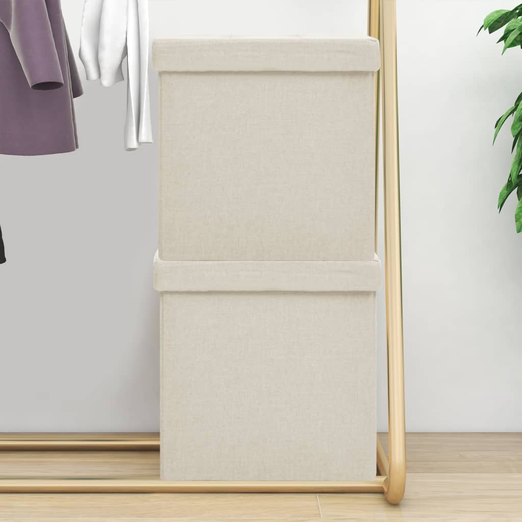 Πτυσσόμενα Σκαμπό Αποθήκευσης 2 τεμ. Λευκό Κρεμ Συνθετικό Λινό