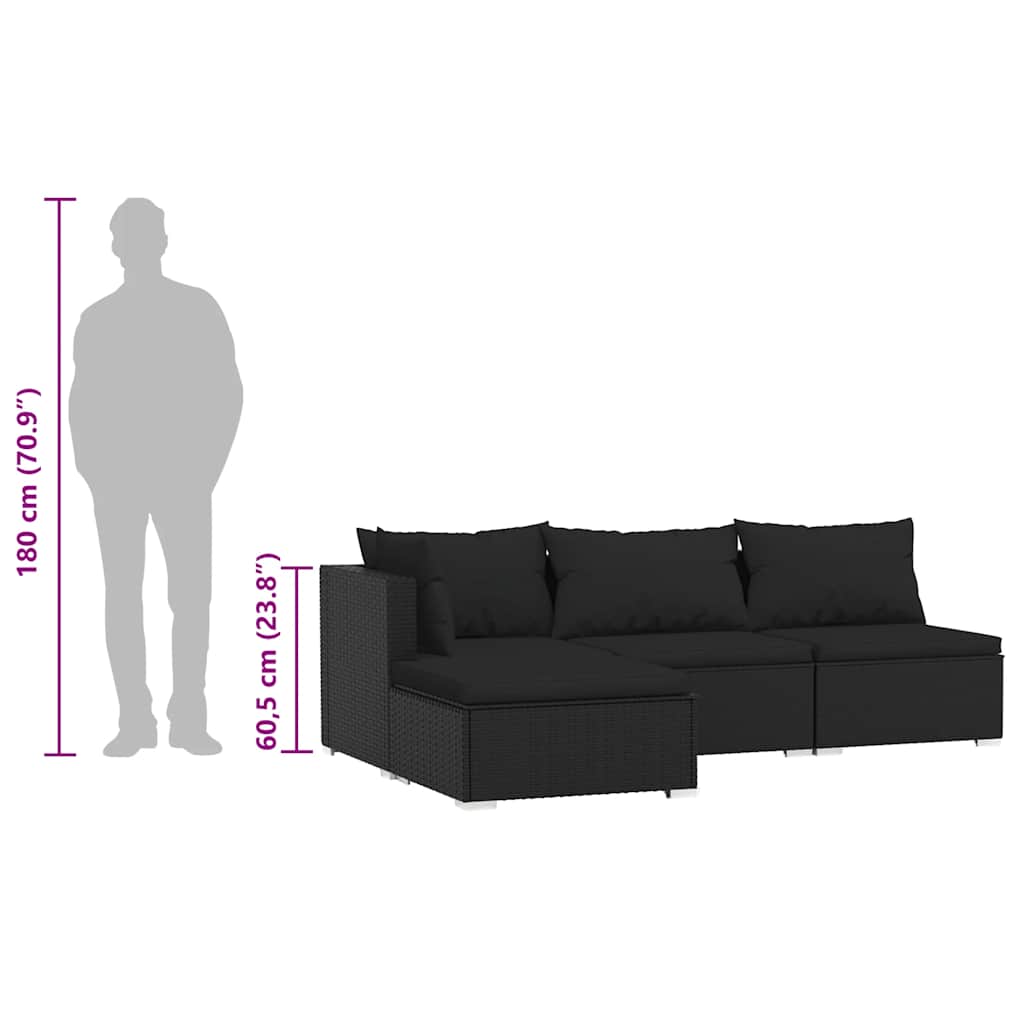 Σαλόνι Κήπου Σετ 4 Τεμαχίων Μαύρο Συνθετικό Ρατάν με Μαξιλάρια