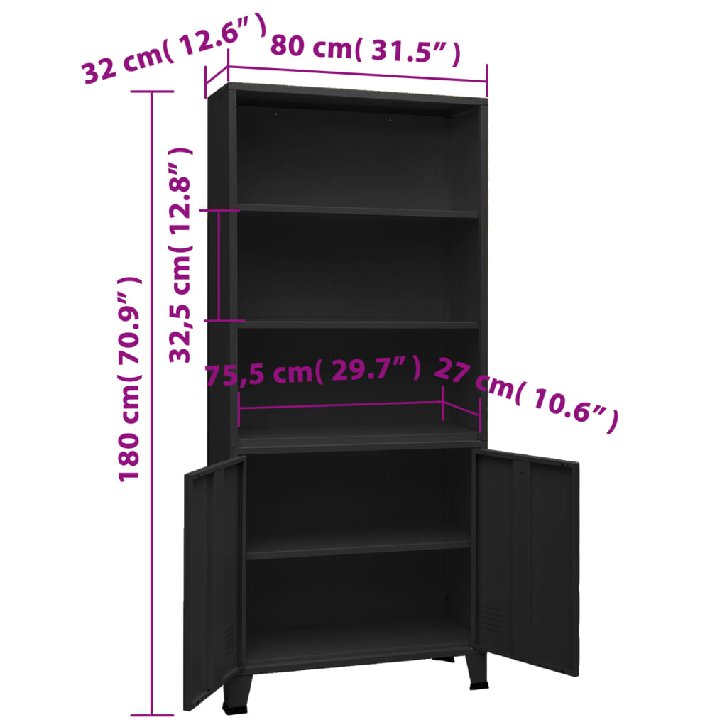 Βιομηχανική Βιβλιοθήκη Μαύρη 80 x 32 x 180 εκ. Ατσάλινη