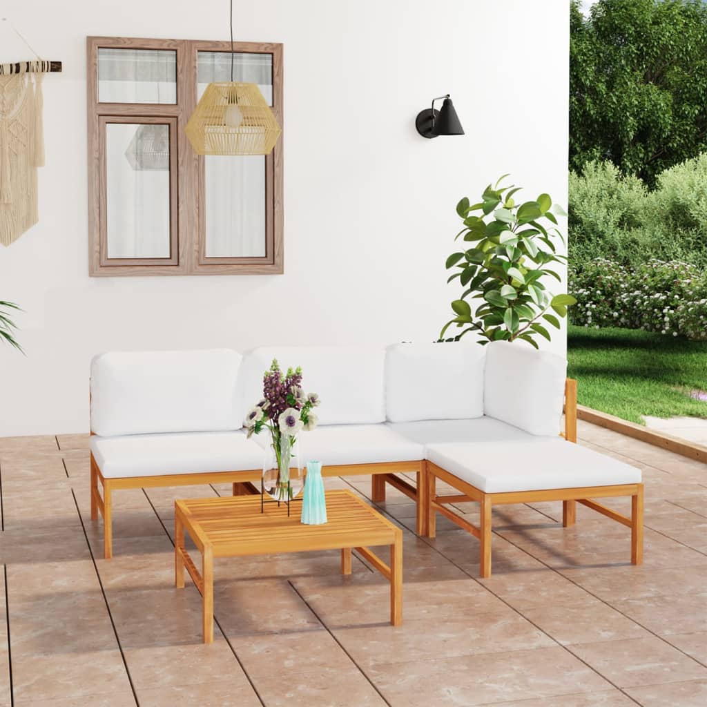 Σαλόνι Κήπου Σετ 5 Τεμαχίων Μασίφ Ξύλο Teak με Κρεμ Μαξιλάρια - PAKOBAZAAR