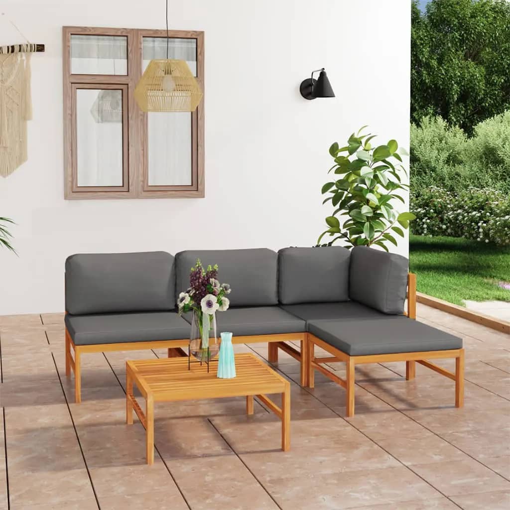 Σαλόνι Κήπου Σετ 5 Τεμαχίων Μασίφ Ξύλο Teak με Γκρι Μαξιλάρια - PAKOBAZAAR
