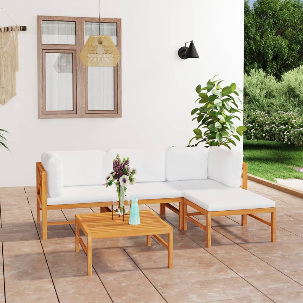 Σαλόνι Κήπου Σετ 5 Τεμαχίων Μασίφ Ξύλο Teak με Κρεμ Μαξιλάρια - PAKOBAZAAR