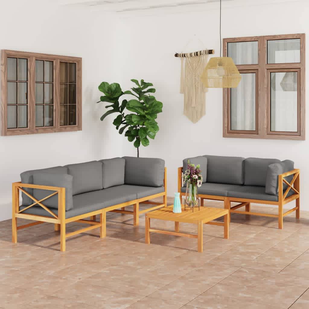 Σαλόνι Κήπου Σετ 6 Τεμαχίων Μασίφ Ξύλο Teak με Γκρι Μαξιλάρια - PAKOBAZAAR