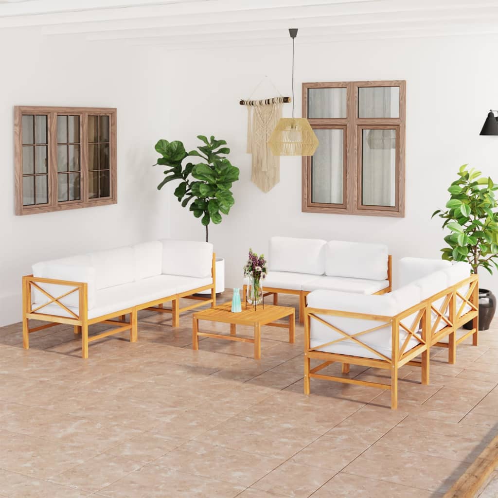 Σαλόνι Κήπου Σετ 9 Τεμαχίων Μασίφ Ξύλο Teak με Κρεμ Μαξιλάρια - PAKOBAZAAR