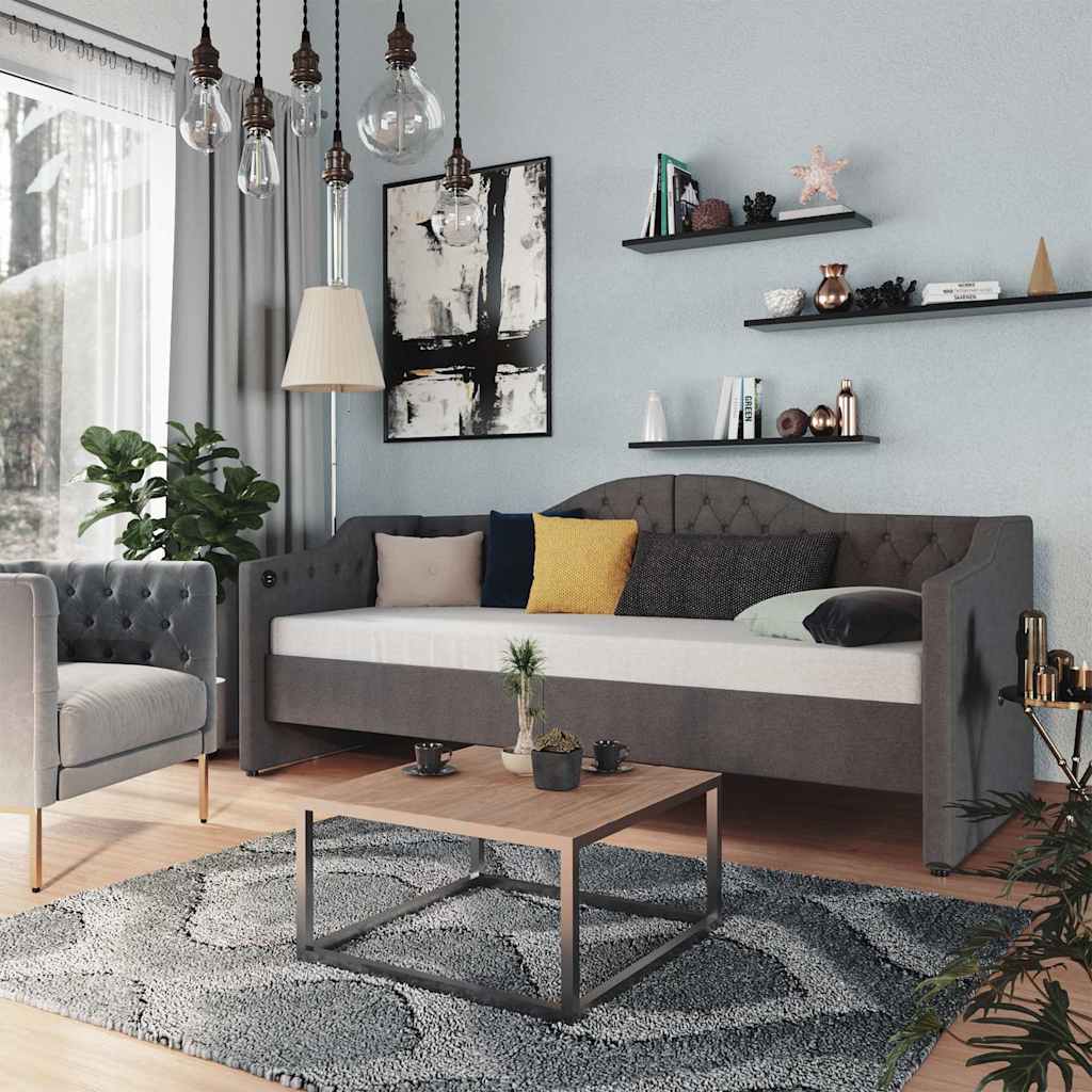 Καναπές Κρεβάτι με Στρώμα & USB Σκ. Γκρι 90x200 εκ. Υφασμάτινος