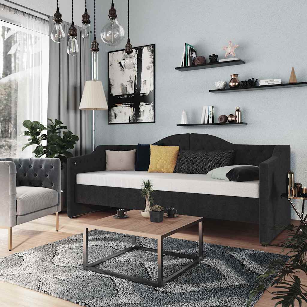 Καναπές Κρεβάτι με Στρώμα & USB Μαύρο 90 x 200 εκ. Υφασμάτινος - Pakobazaar