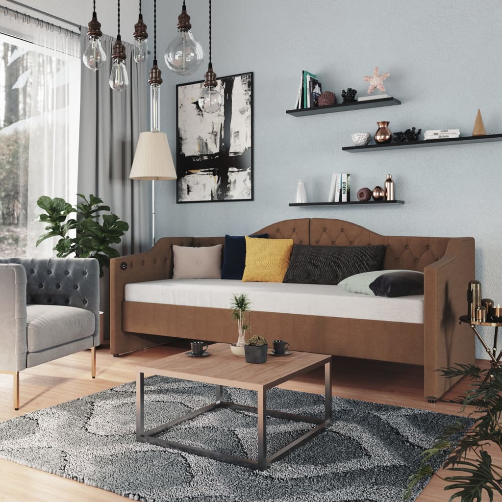 Καναπές Κρεβάτι με Στρώμα & USB Καφέ 90 x 200 εκ. Υφασμάτινος