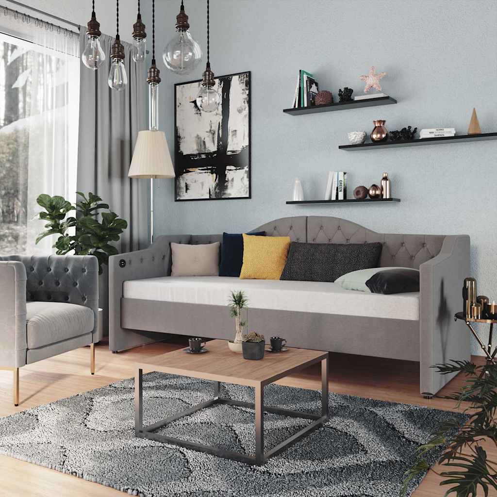 Καναπές Κρεβάτι με Στρώμα & USB Αν. Γκρι 90x200 εκ. Υφασμάτινος