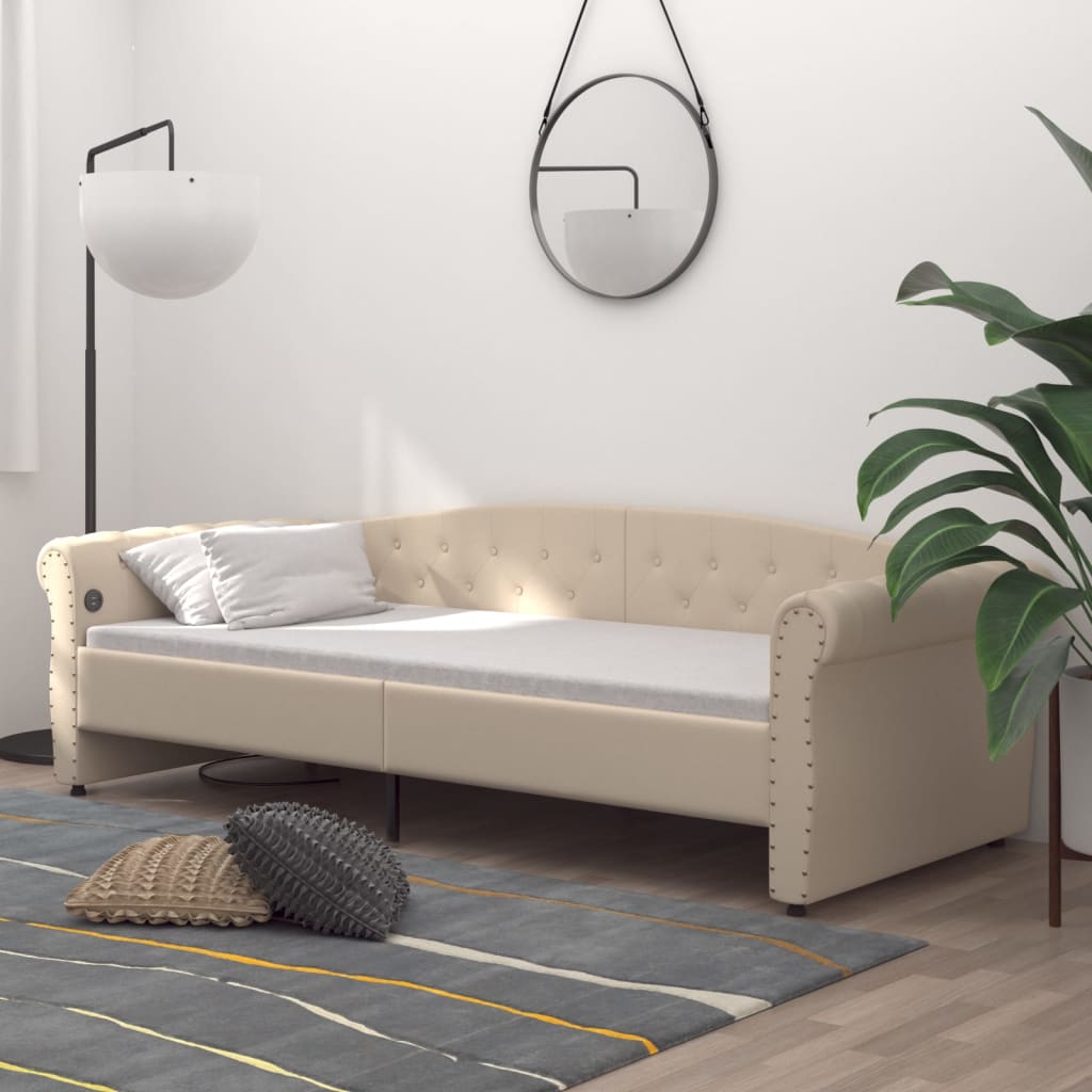 Καναπές Κρεβάτι με Στρώμα & USB Κρεμ 90 x 200 εκ. Υφασμάτινος - Pakobazaar