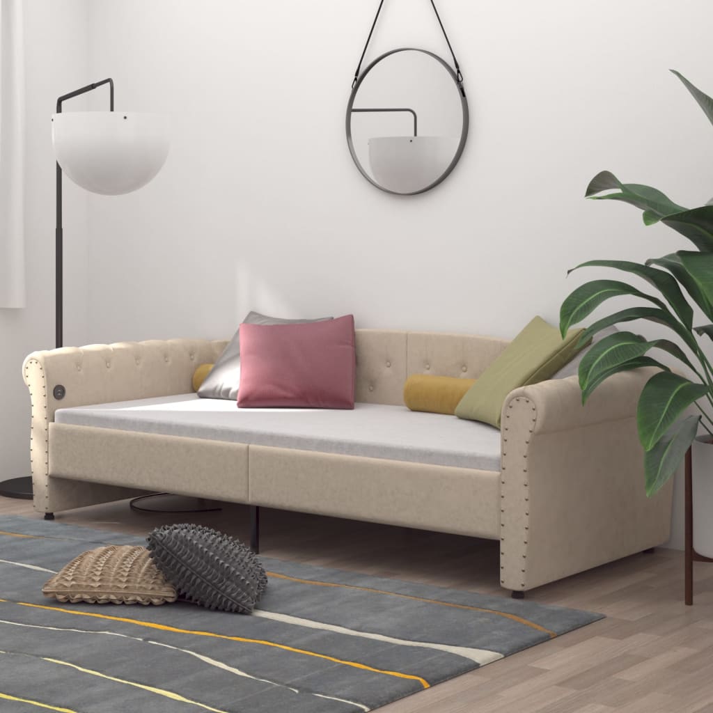 Καναπές Κρεβάτι με Στρώμα & USB Κρεμ 90 x 200 εκ. Υφασμάτινος - Pakobazaar