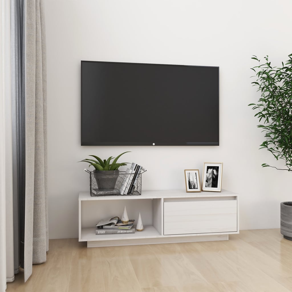 Έπιπλο Τηλεόρασης Λευκό 110 x 30 x 33,5εκ από Μασίφ Ξύλο Πεύκου - Pakobazaar