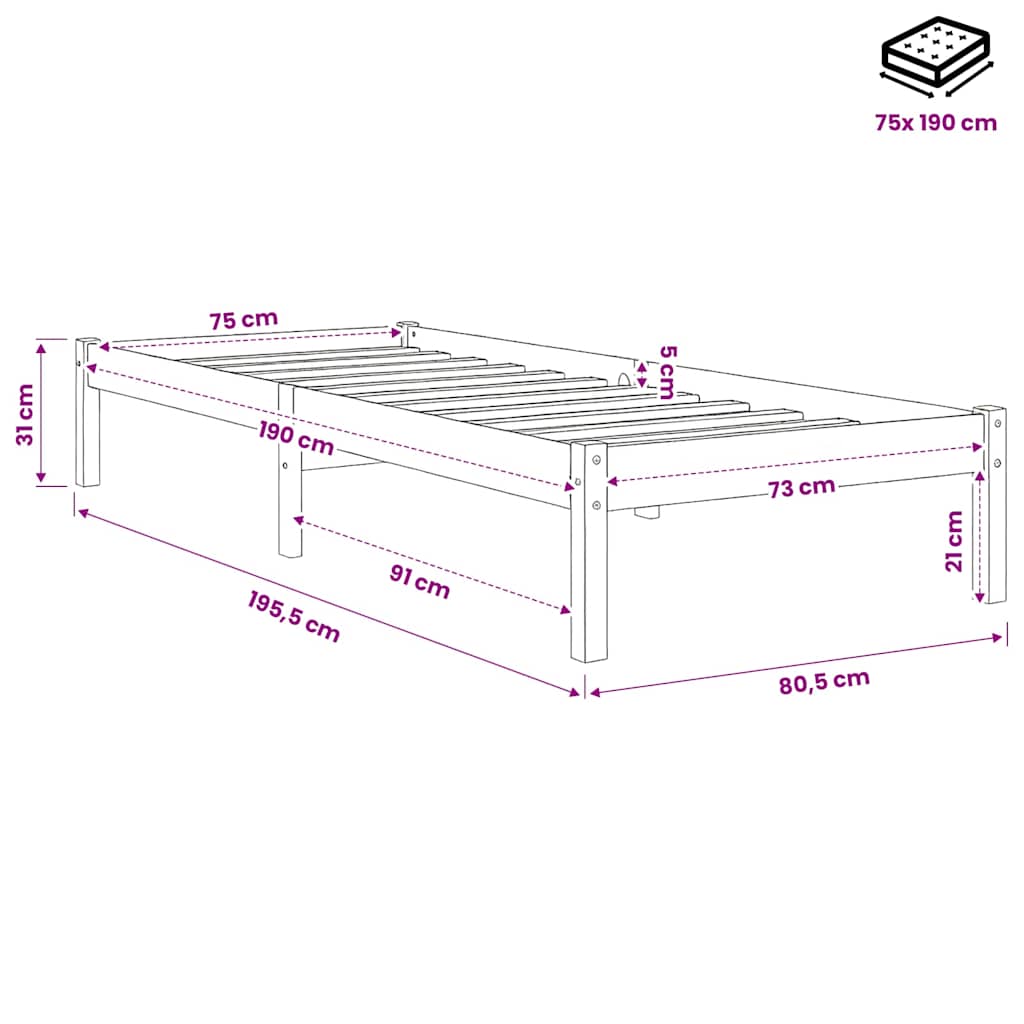 Πλαίσιο Κρεβατιού Μελί 75x190 εκ. Ξύλο Πεύκου Small Single