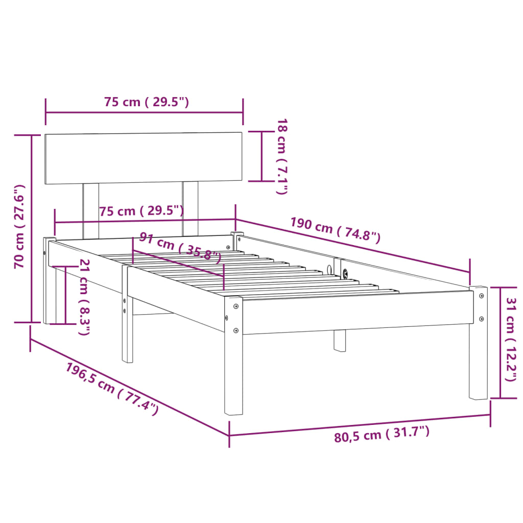 Πλαίσιο Κρεβατιού 75 x 190 εκ. από Μασίφ Ξύλο Small Single - Pakobazaar