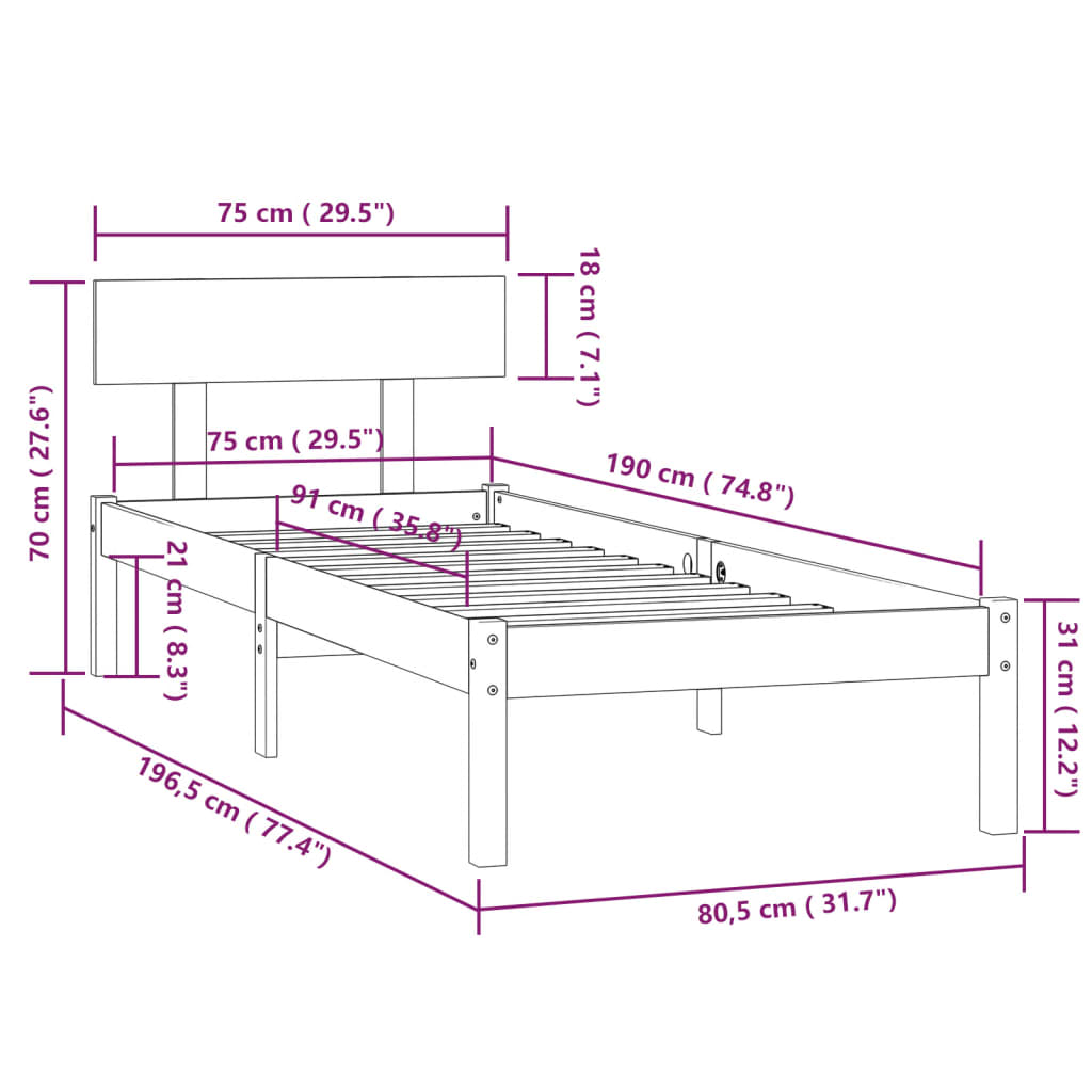 Πλαίσιο Κρεβατιού Λευκό 75x190 εκ. Μασίφ Ξύλο Small Single