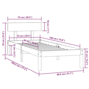 Πλαίσιο Κρεβατιού Λευκό 75x190 εκ. Μασίφ Ξύλο Small Single