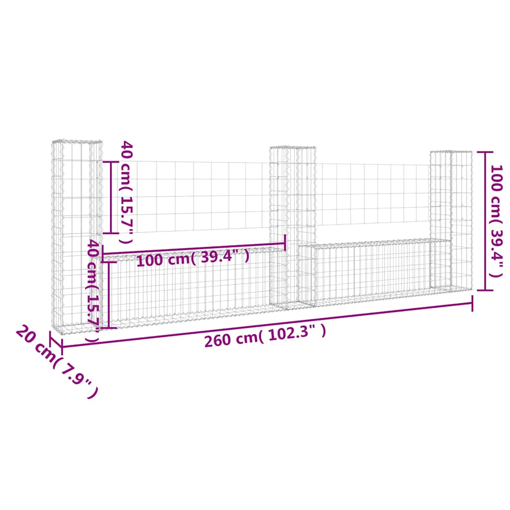 Συρματοκιβώτια σε U Σχήμα με 3 Στύλους 260x20x100 εκ Σιδερένιο - PAKOBAZAAR