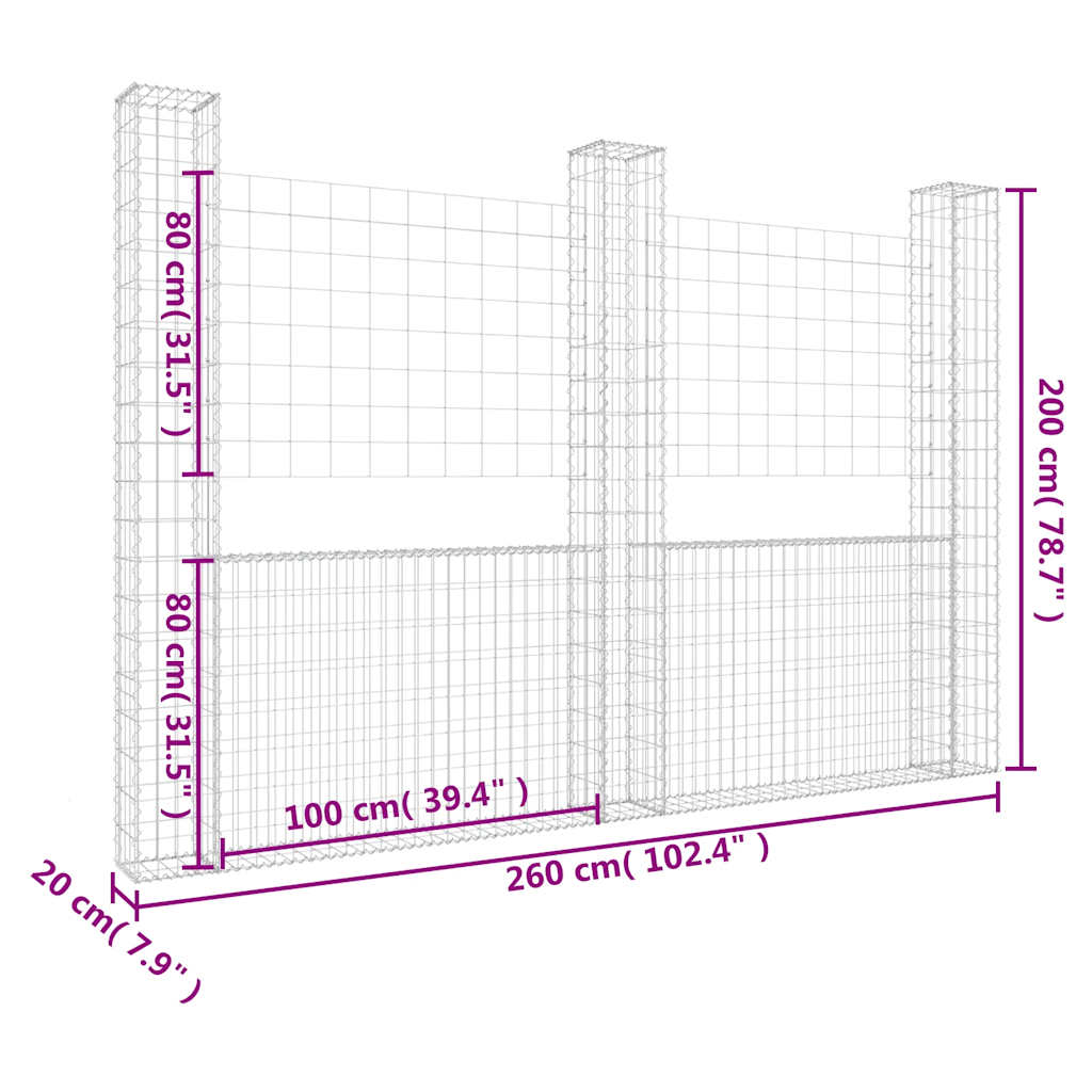 Συρματοκιβώτια σε U Σχήμα με 3 Στύλους 260x20x200 εκ Σιδερένιο - PAKOBAZAAR