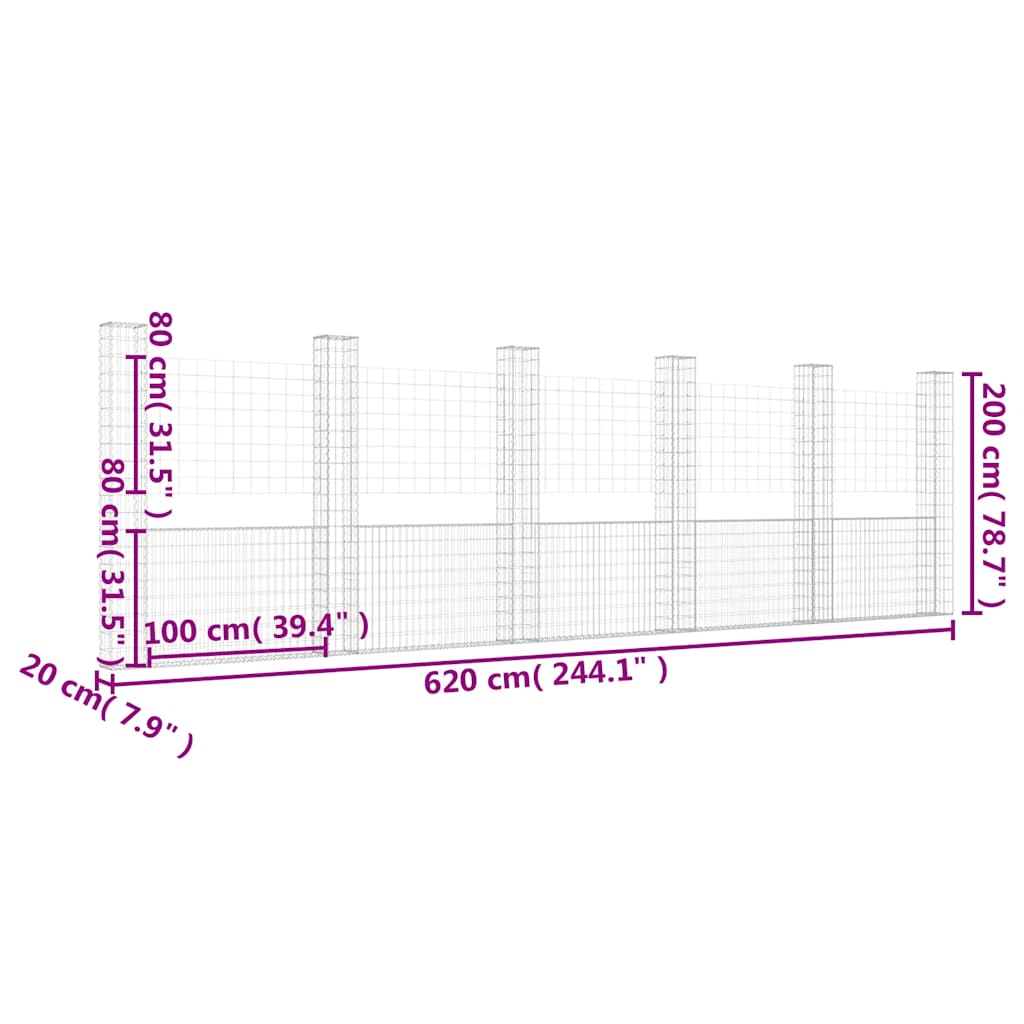 Συρματοκιβώτιο σε U Σχήμα με 6 Στύλους 620x20x200 εκ. Σιδερένιο - PAKOBAZAAR