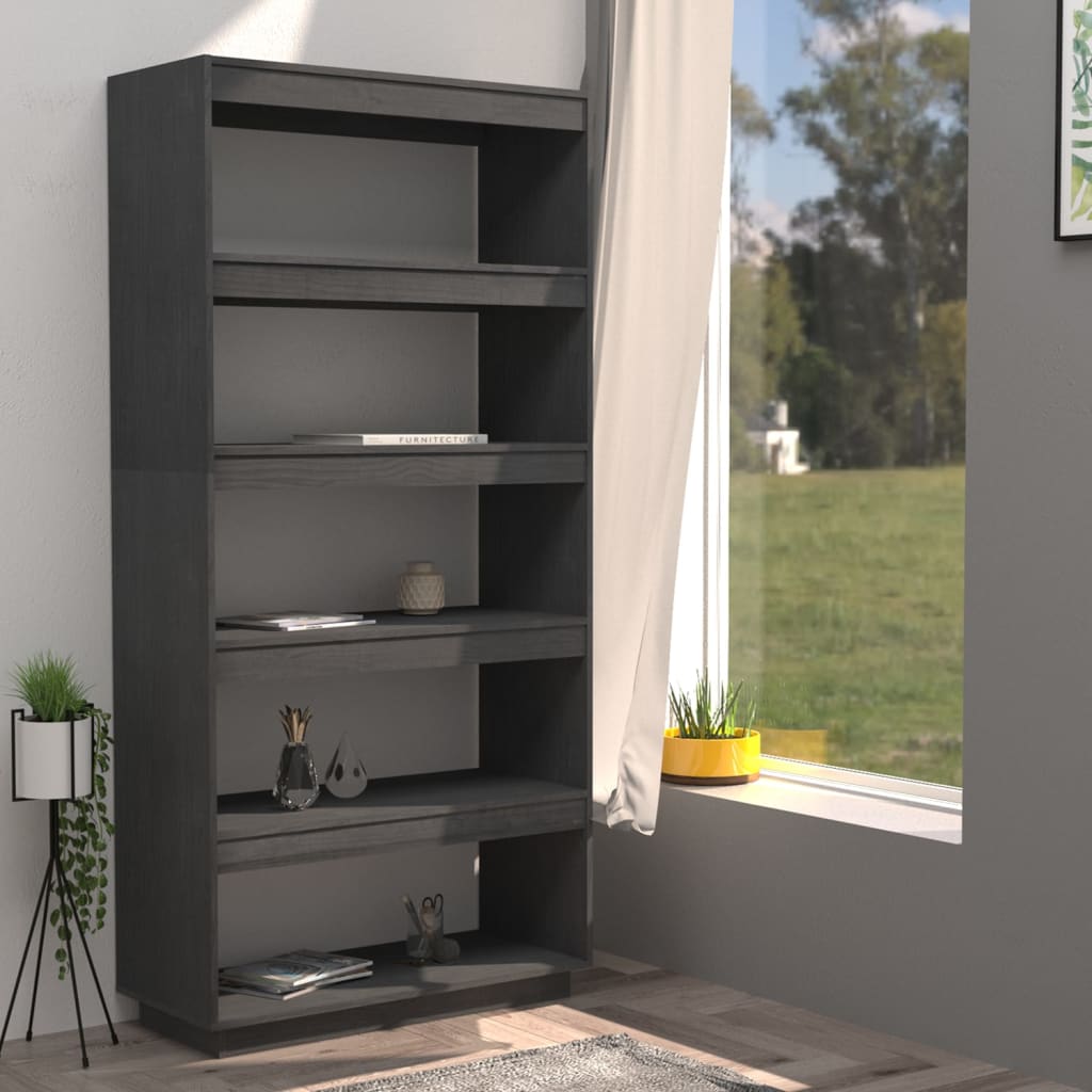 Βιβλιοθήκη/Διαχωρ. Χώρου Γκρι 80x35x167 εκ. Μασίφ Ξύλο Πεύκου - Pakobazaar