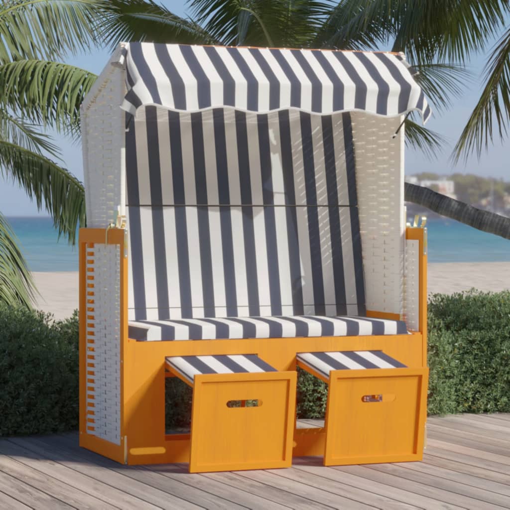 Ξαπλώστρα Strandkorb με Σκίαστρο Λευκό/Μπλε Συνθ. Ρατάν/Ξύλο - Pakobazaar