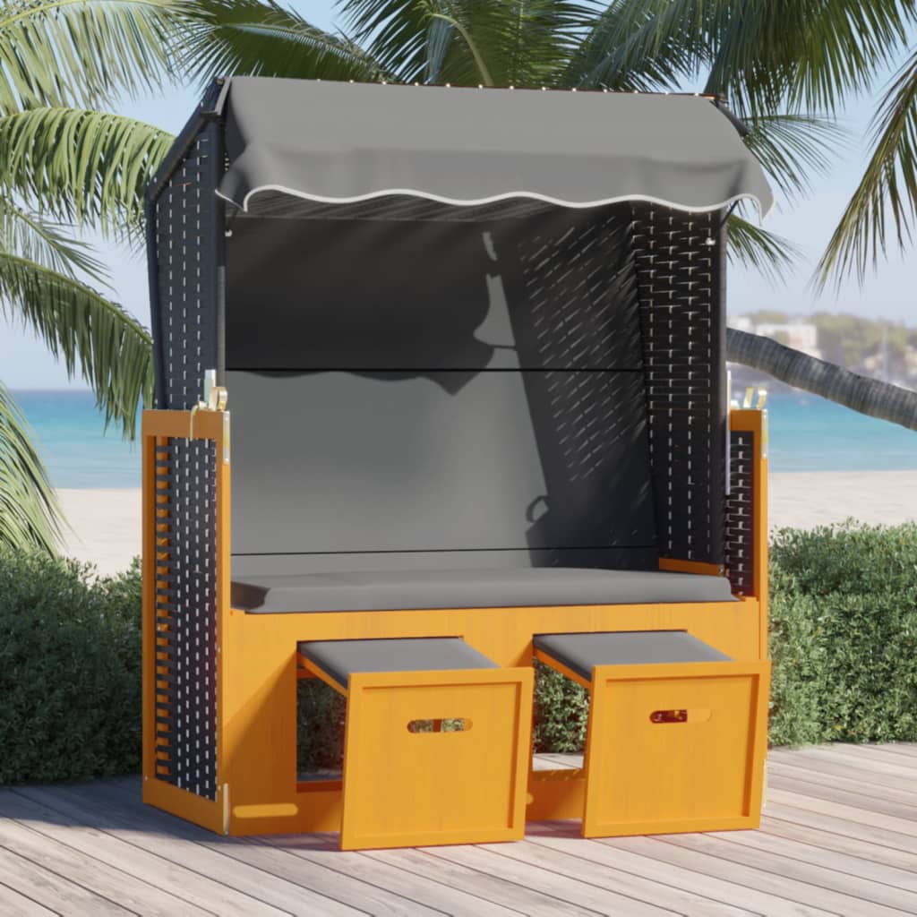 Ξαπλώστρα Strandkorb με Σκίαστρο Μαύρο/Ανθρακί Συνθ. Ρατάν/Ξύλο - Pakobazaar