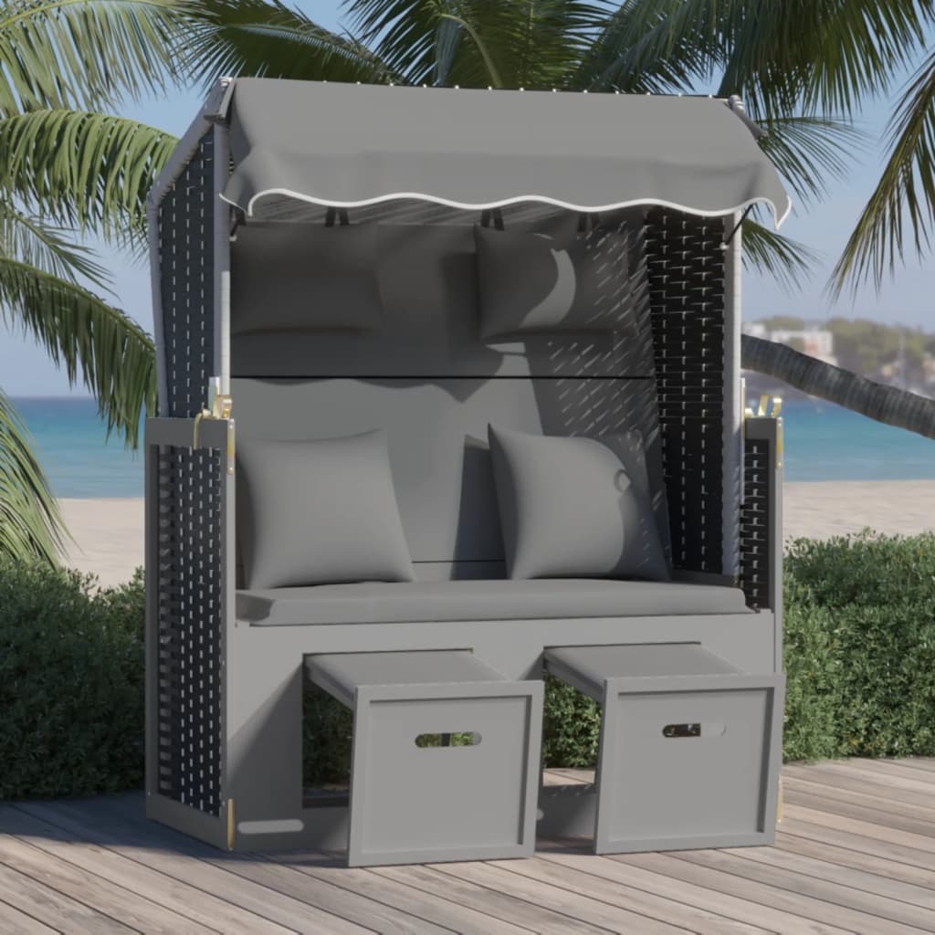 Ξαπλώστρα Strandkorb Ανθρακί/Μαύρο Συνθ. Ρατάν/Ξύλο με Μαξιλάρι - Pakobazaar