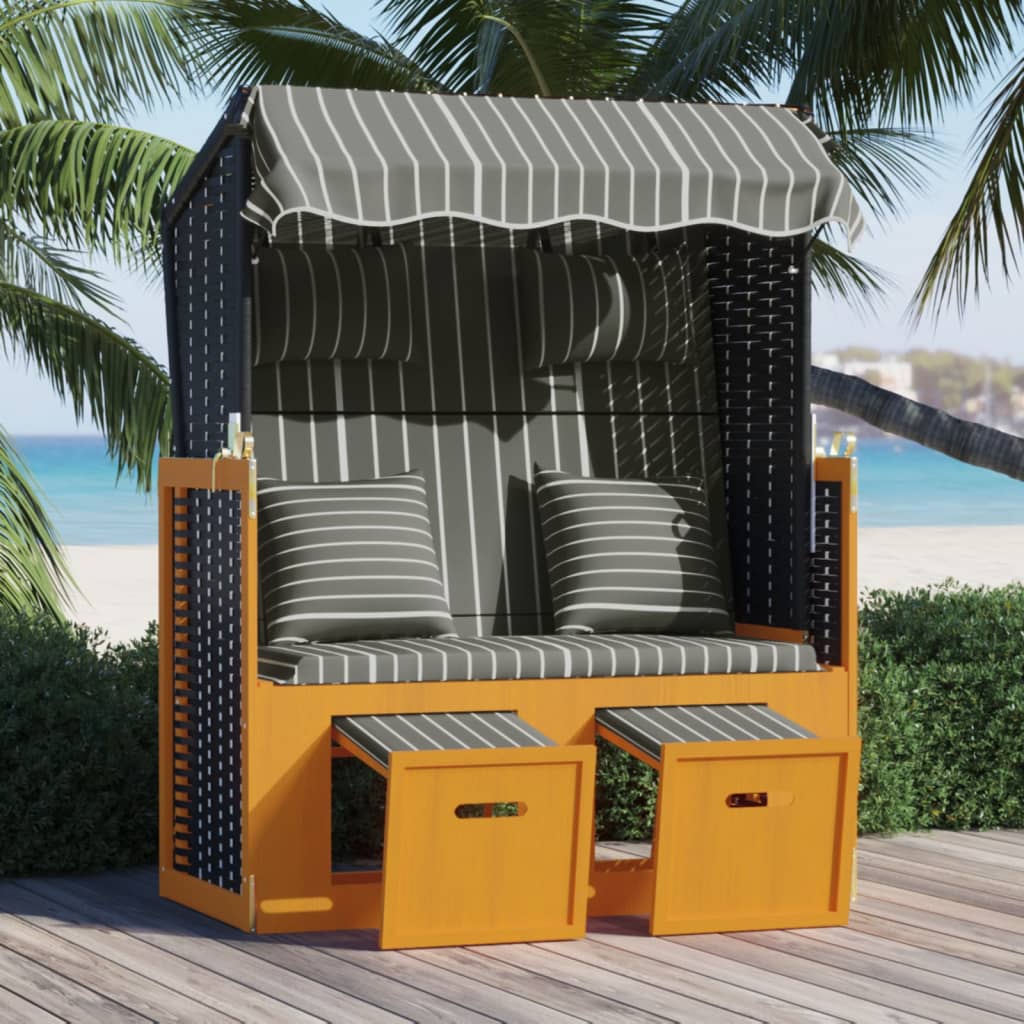 Ξαπλώστρα Strandkorb Μαύρο/Γκρι Συνθ. Ρατάν/Ξύλο με Μαξιλάρια - Pakobazaar