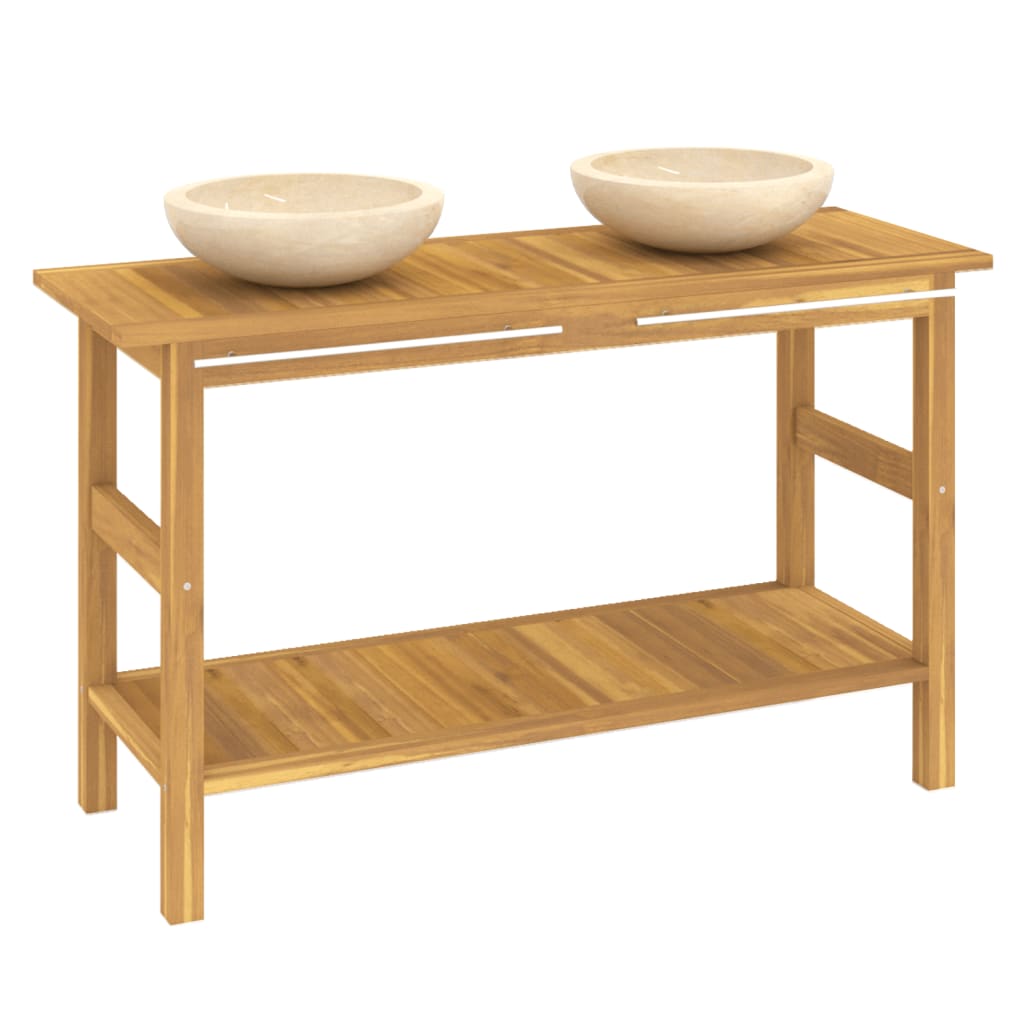 Έπιπλο Μπάνιου με Κρεμ Μαρμάρινους Νιπτήρες από Ξύλο Teak - PAKOBAZAAR