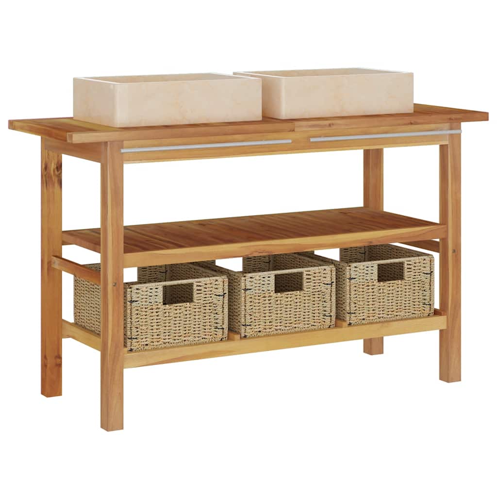 Έπιπλο Μπάνιου με Κρεμ Μαρμάρινους Νιπτήρες από Ξύλο Teak - PAKOBAZAAR