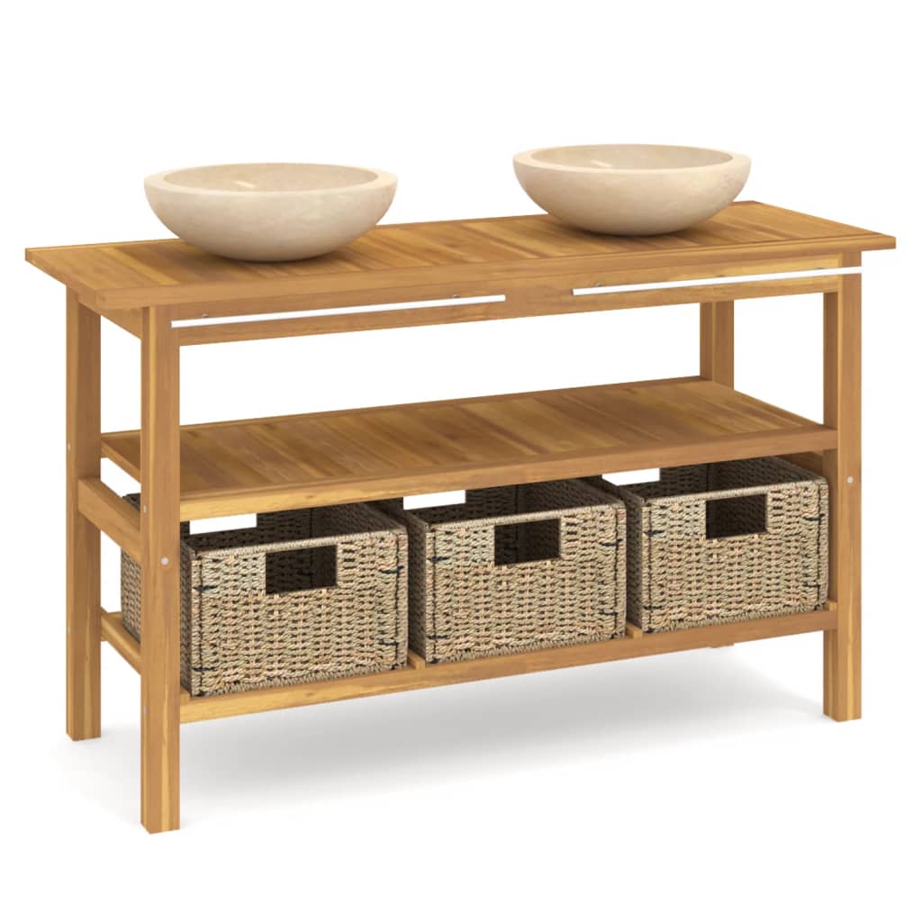 Έπιπλο Μπάνιου με Κρεμ Μαρμάρινους Νιπτήρες από Ξύλο Teak - PAKOBAZAAR