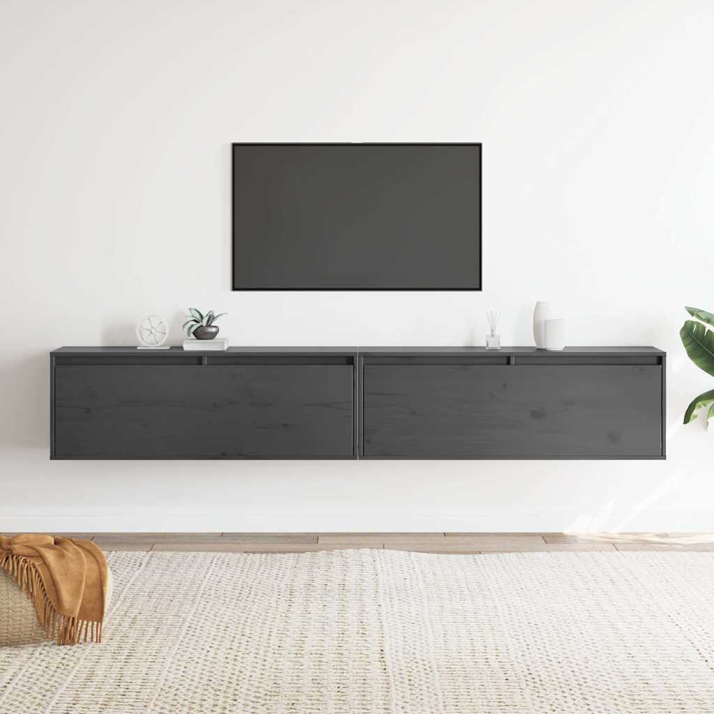 Ντουλάπια Τοίχου 2 τεμ. Γκρι 100x30x35 εκ. Μασίφ Ξύλο Πεύκου