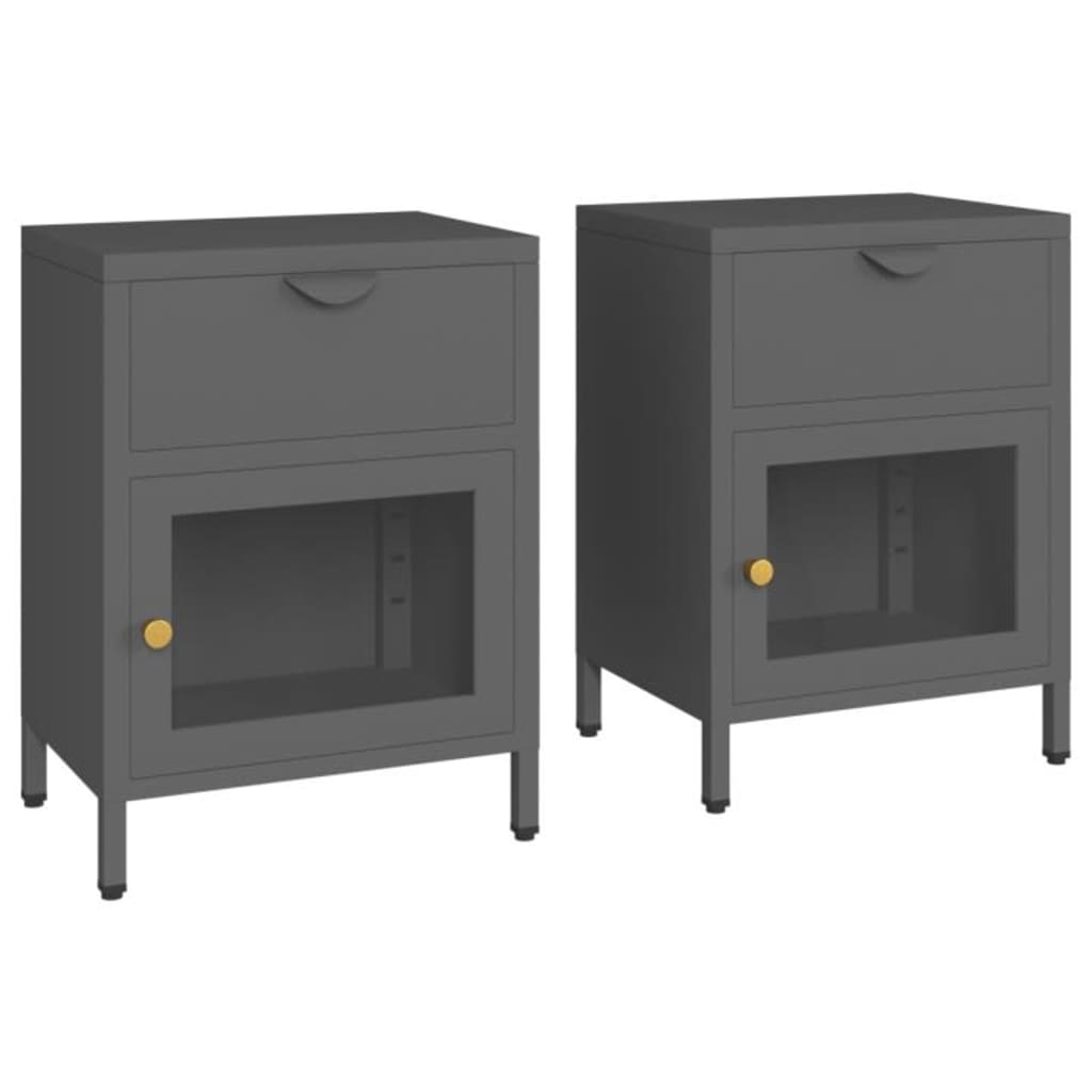 Κομοδίνα 2 τεμ. Ανθρακί 40 x 30 x 54,5 εκ. από Ατσάλι / Γυαλί - Pakobazaar