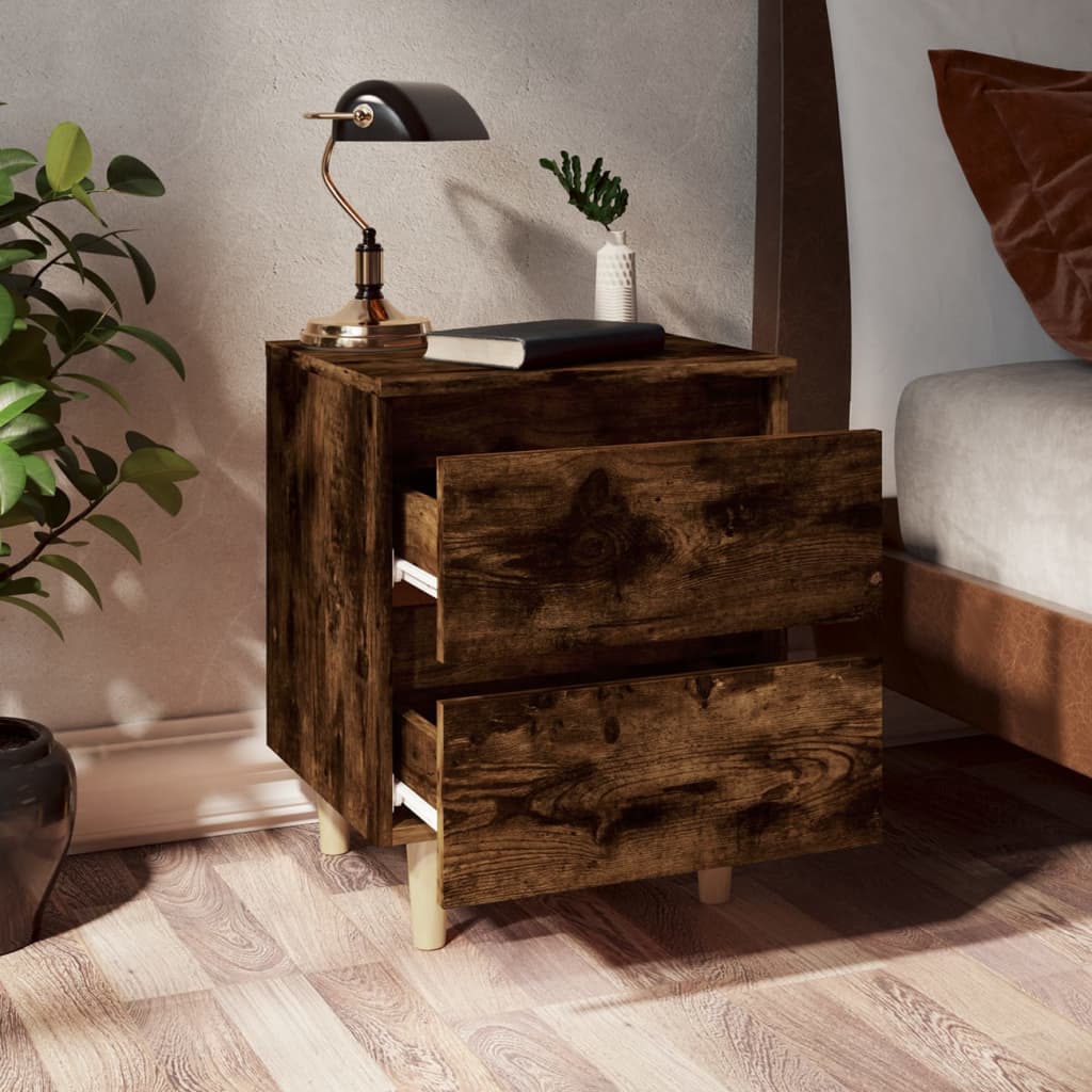 Κομοδίνα 2 τεμ. Καπνιστή Δρυς 40x35x50εκ. Μασίφ Ξύλινα Πόδια
