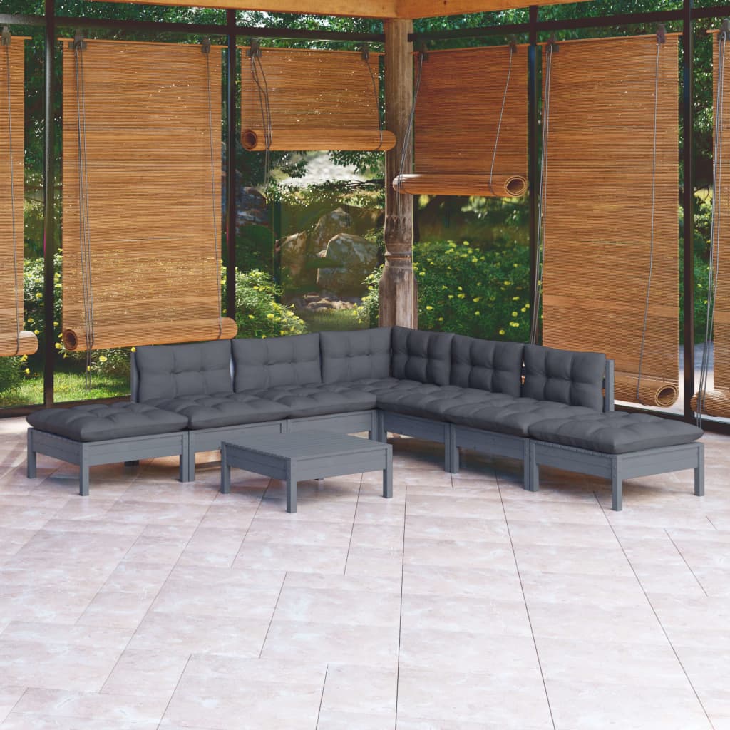 Σαλόνι Κήπου Σετ 8 Τεμαχίων Γκρι Ξύλο Πεύκου με Μαξιλάρια