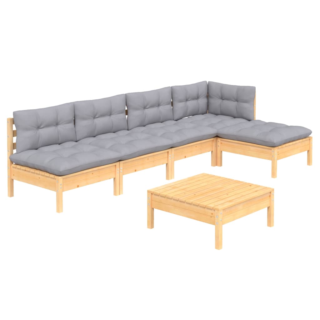 Σαλόνι Κήπου Σετ 6 Τεμαχίων από Ξύλο Πεύκου με Γκρι Μαξιλάρια - PAKOBAZAAR