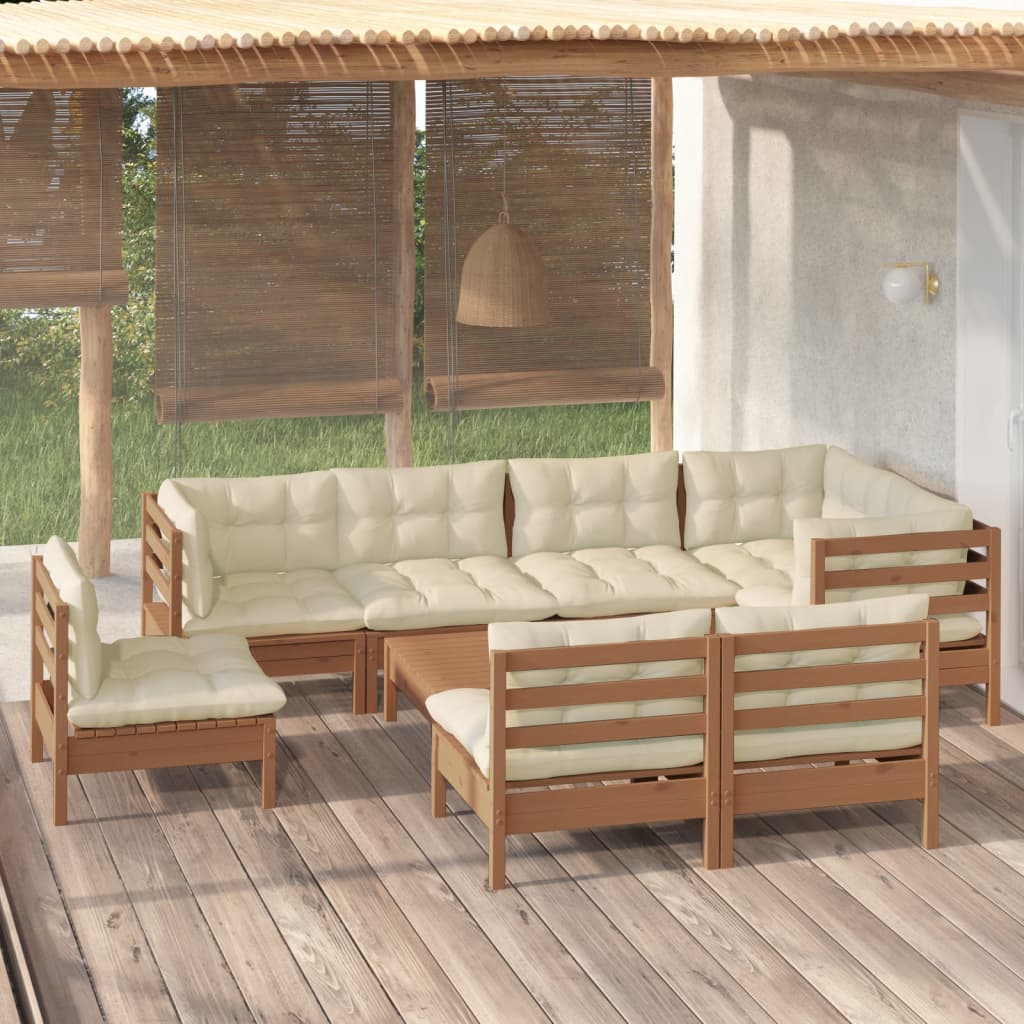Σαλόνι Κήπου Σετ 9 Τεμαχίων Καφέ Μελί Ξύλο Πεύκου με Μαξιλάρια